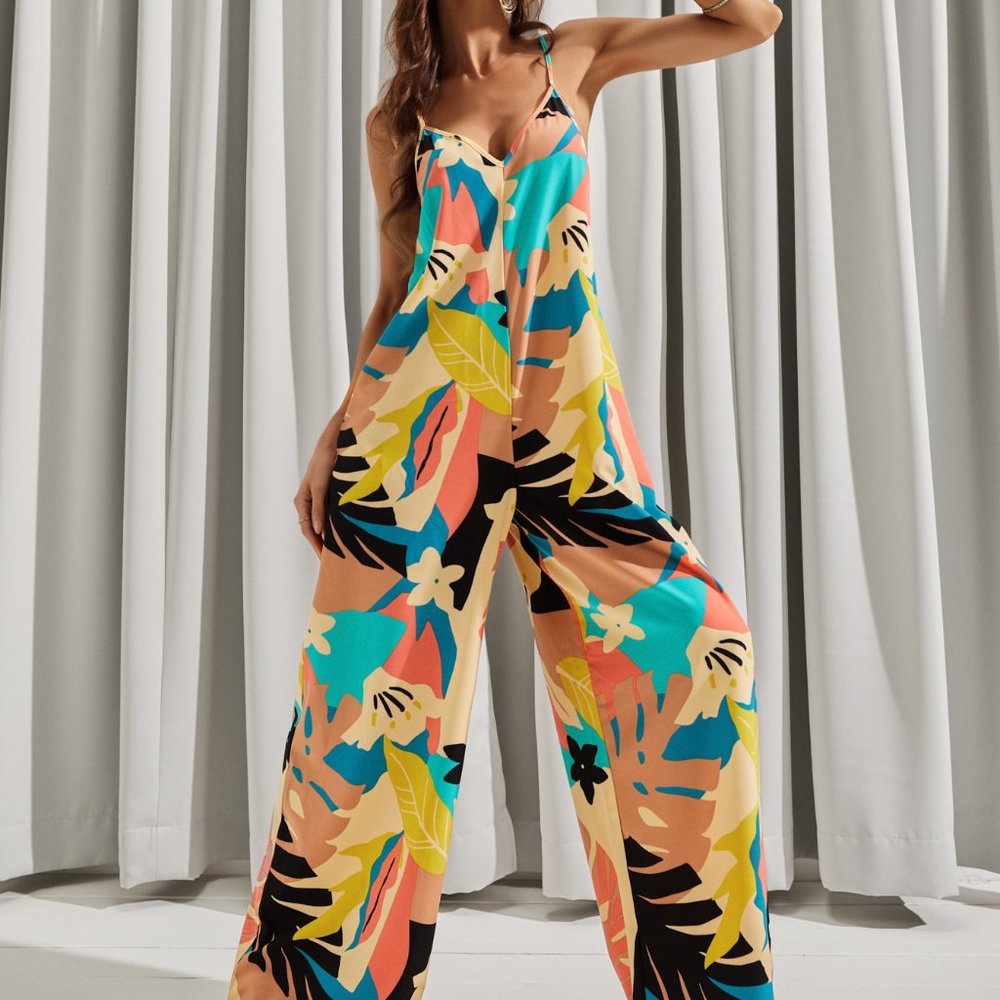 New Backless Tropical Print Wide Leg Cami Jumpsuit